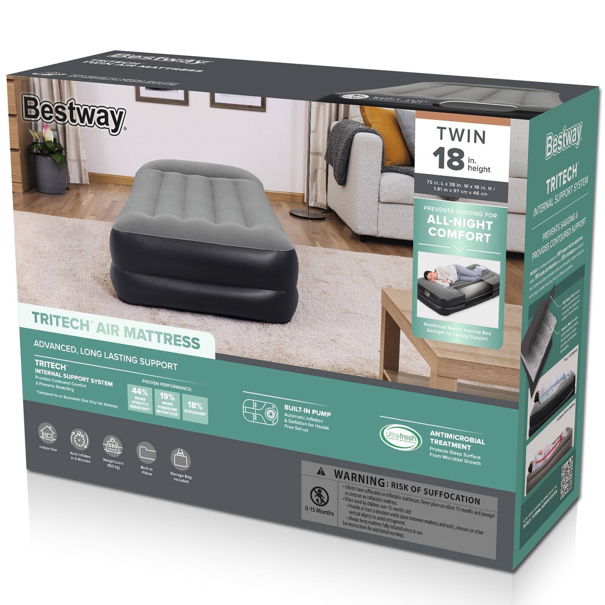 Bestway Tritech Twin 18" Air Mattress Builtin AC Pump, Auto